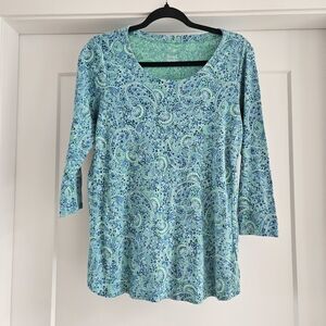 J. Jill Aqua Paisley 3/4 Sleeve Top Pima Cotton Size Medium